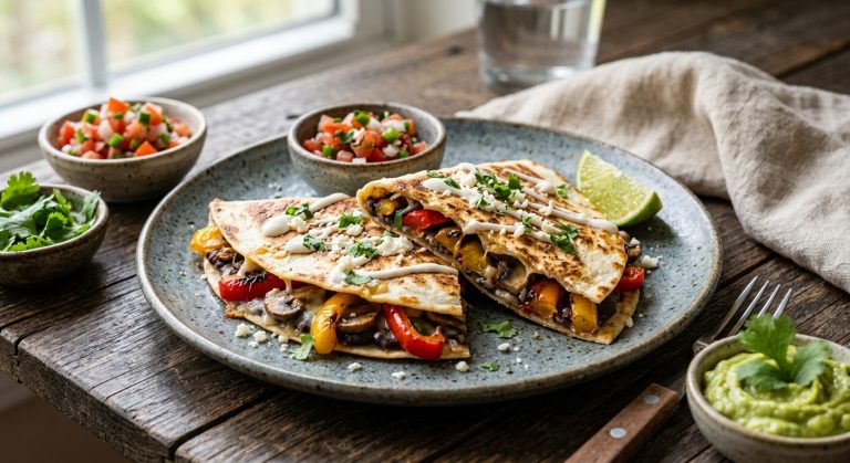 Quesadilla with chargrilled pepper, mushrooms and refried beans