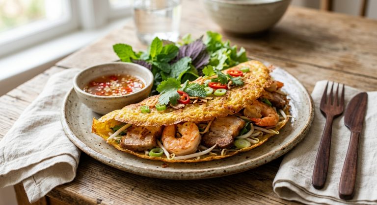 Crispy pancakes with prawns and pork belly