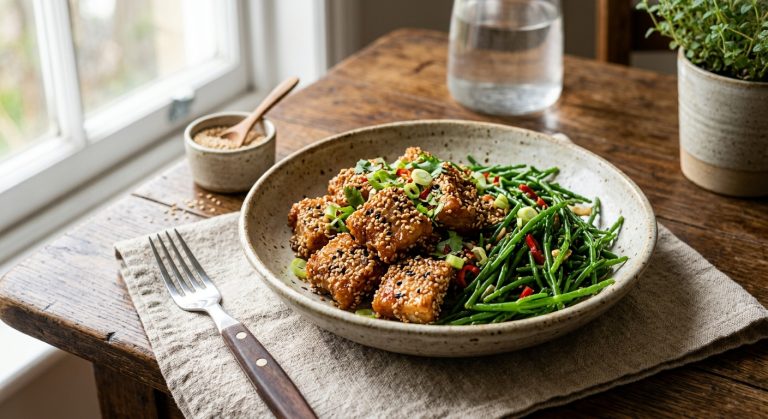 Crispy sesame pork with samphire 