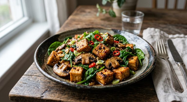 Crispy tofu with chilli, garlic, spinach and soy mushrooms