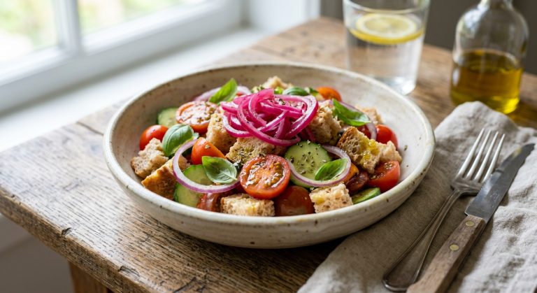 Acqua e sale (Puglian bread salad) with marinated onions
