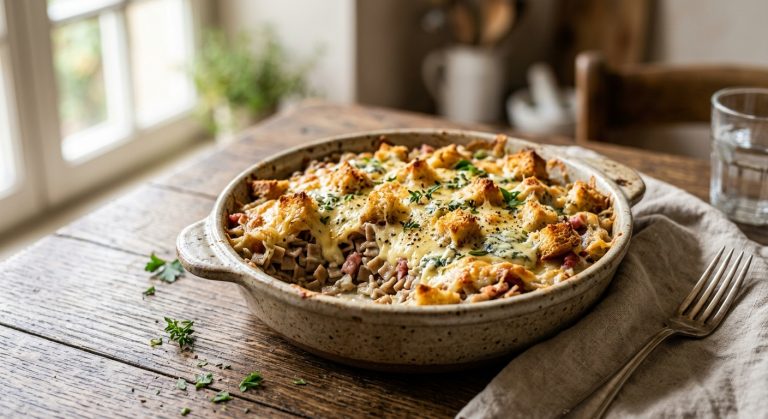 Croziflette baked pasta with blue cheese and croutons