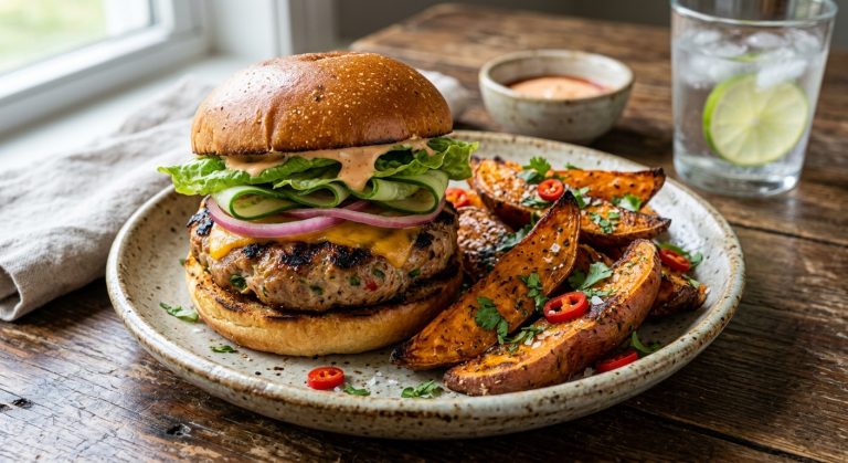Lemongrass pork burgers with tom yum sweet potato wedges
