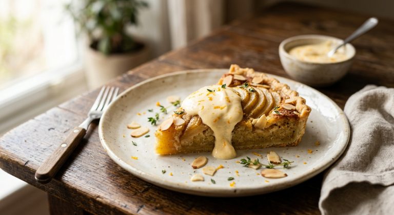 Almond and pear tart with orange crème fraîche