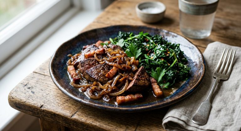 Liver and bacon with caramelised onions and Italian-style greens