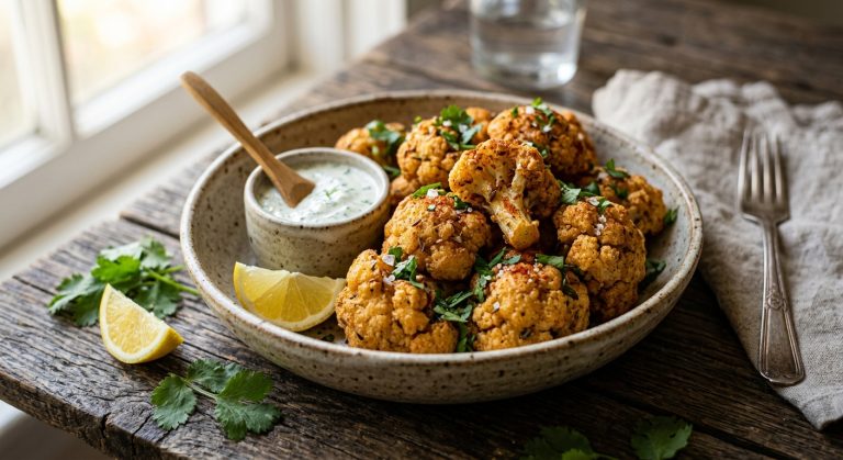Deep-fried cauliflower with spiced batter and herbs