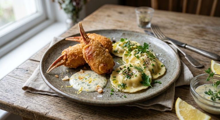 Deep-fried crab claws with crab ravioli