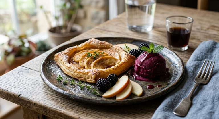 Apple tart with blackberry sorbet