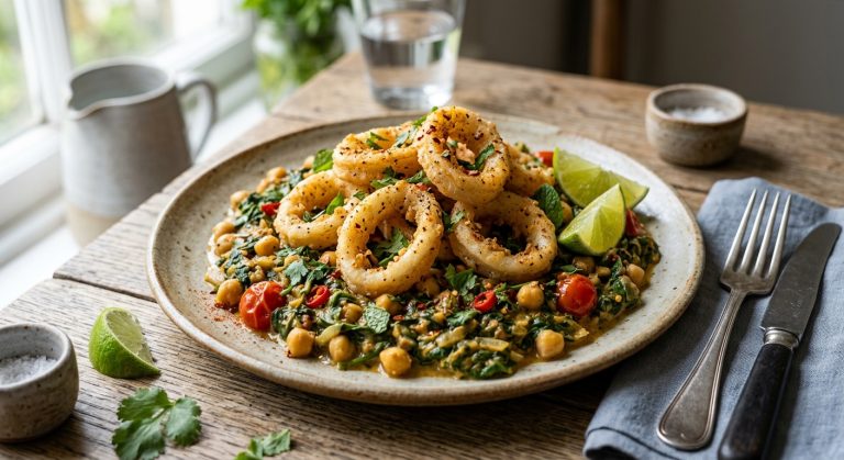 Deep-fried squid with spiced coconut spinach and chickpeas