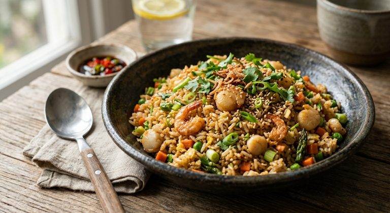 Macanese-style fried rice with baby scallops and dried shrimp