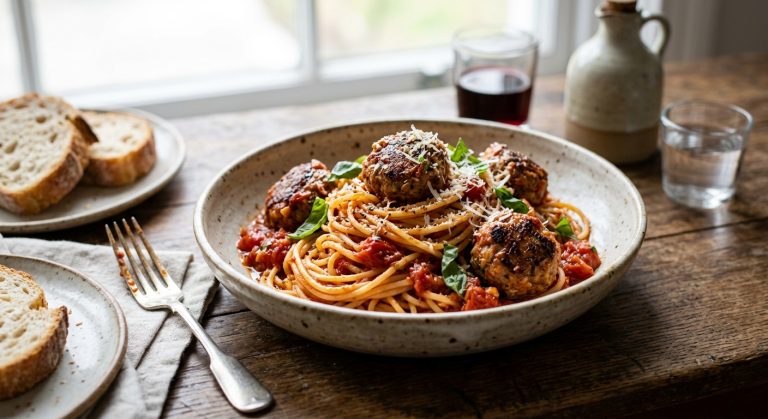 Arrabiata pork meatball spaghetti