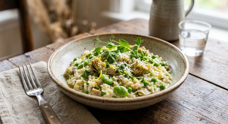 Artichoke, broad bean and pea risotto