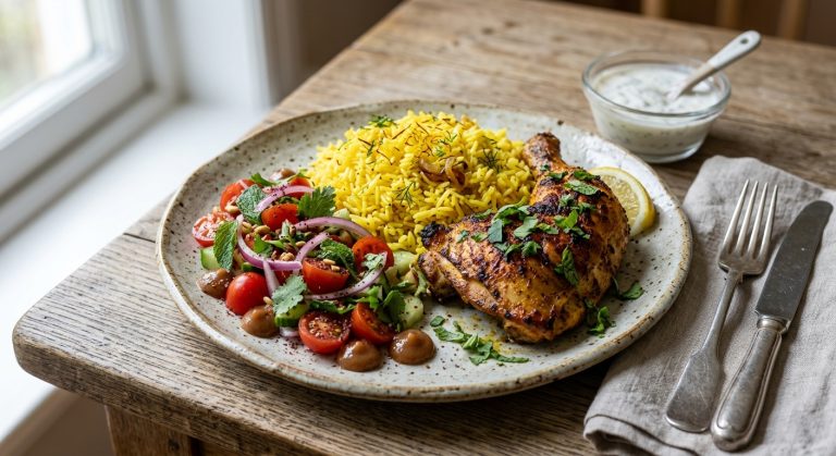 Dubai iffa chicken with tomato tamarind salad and saffron butter rice