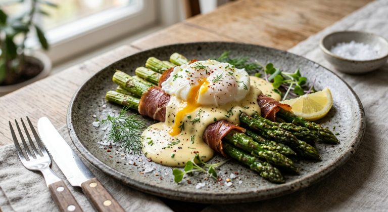 Asparagus with cured ham, poached duck egg and hollandaise sauce
