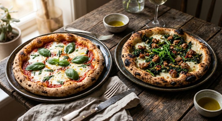Margherita and salsiccia e friarielli pizzas