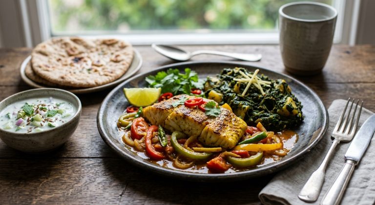 Marinated cod with jalfrezi sauce, raita and saag aloo