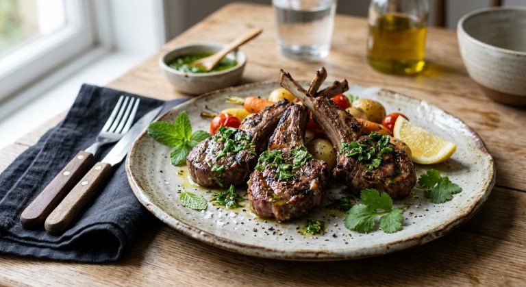 Marinated lamb chops with a coriander and mint vinaigrette