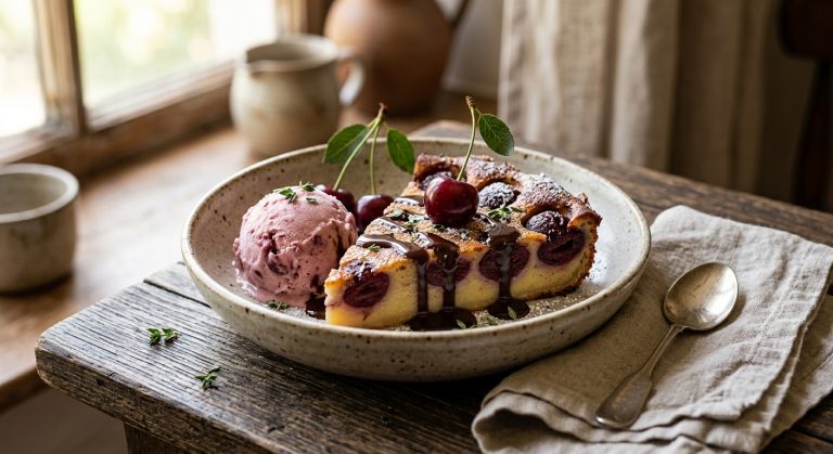 Cherry clafoutis with cherry ice cream and chocolate sauce