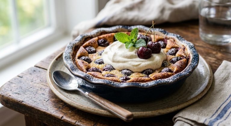 Cherry clafoutis with vanilla whipped cream