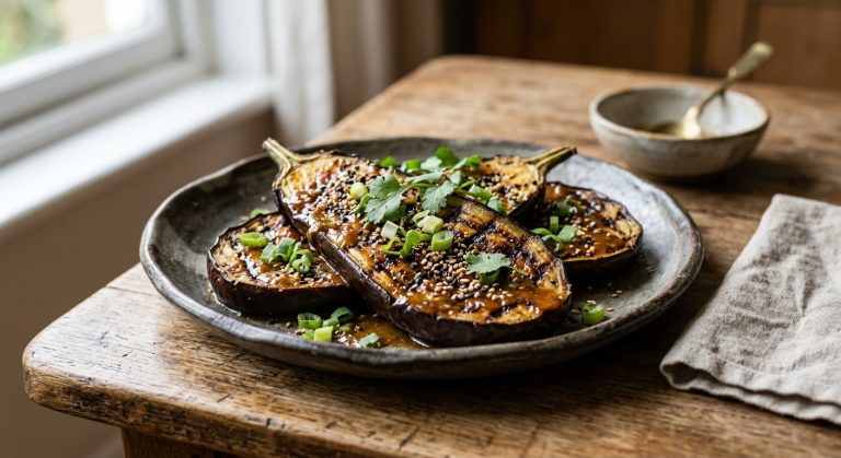Grilled aubergines with miso
