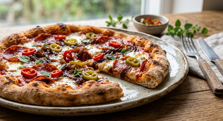 Pizza with caramelised onions, salami and pickled chillies