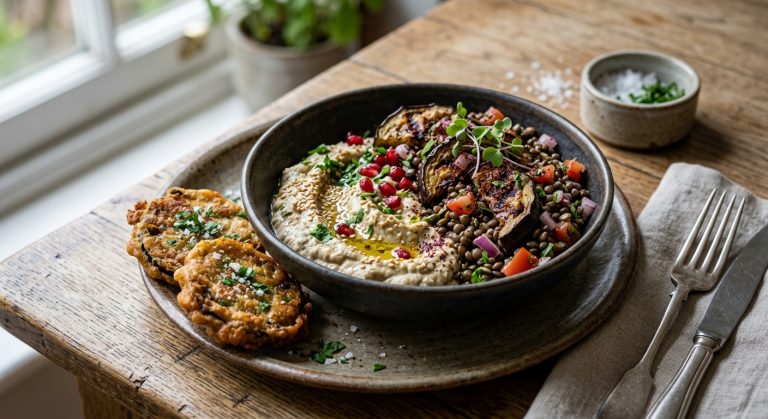 Baba ganoush, grilled aubergine with lentils and aubergine fritters