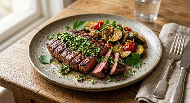 Grilled bavette with braised courgettes and gremolata
