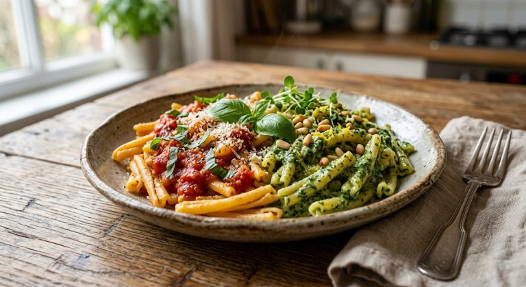 Eggless pasta with two sauces