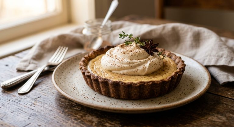 Eggnog-style custard tart with rum and nutmeg cream