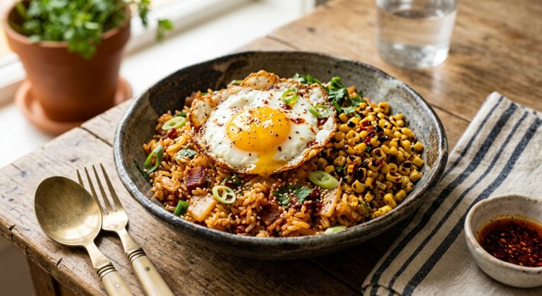 Bacon and kimchi fried rice with chilli burnt corn and crispy fried egg