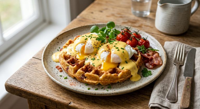Bacon waffles with poached eggs and hollandaise sauce