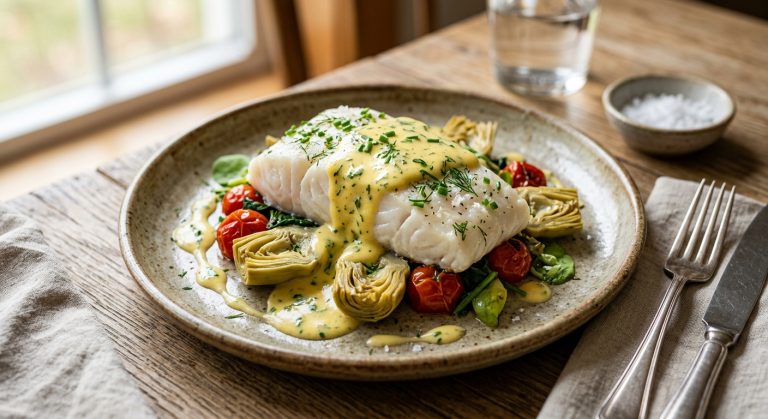 Poached halibut with artichokes and béarnaise sauce
