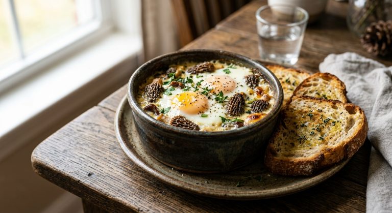 Eggs en cocotte with morel or porcini mushrooms