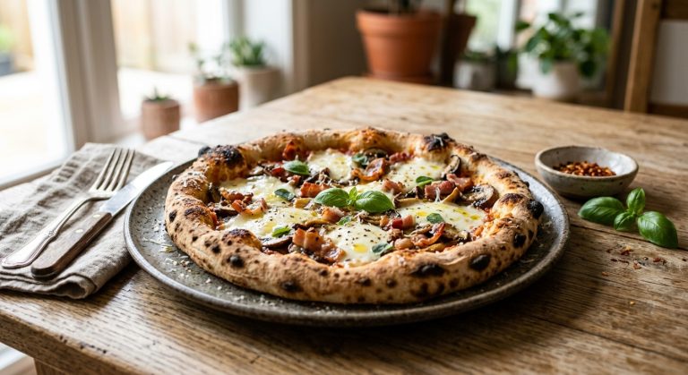 Bacon, mozzarella, and mushroom pizza