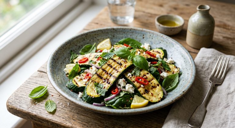 Grilled courgette salad with basil, mint, chilli and lemon