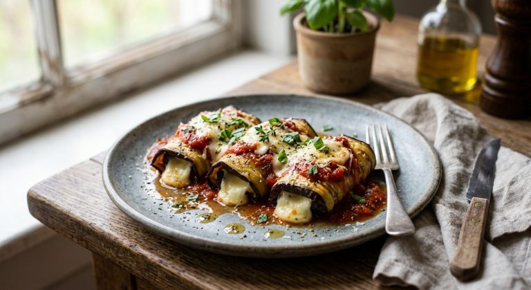 Baked aubergine rolls filled with mozzarella