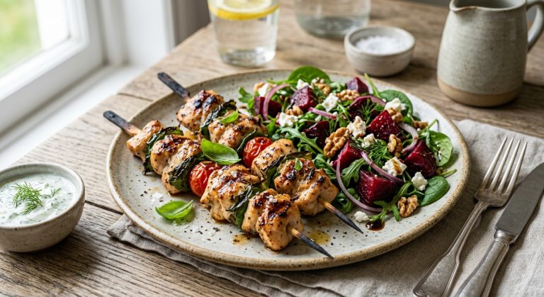 Chicken and basil kebabs with beetroot salad