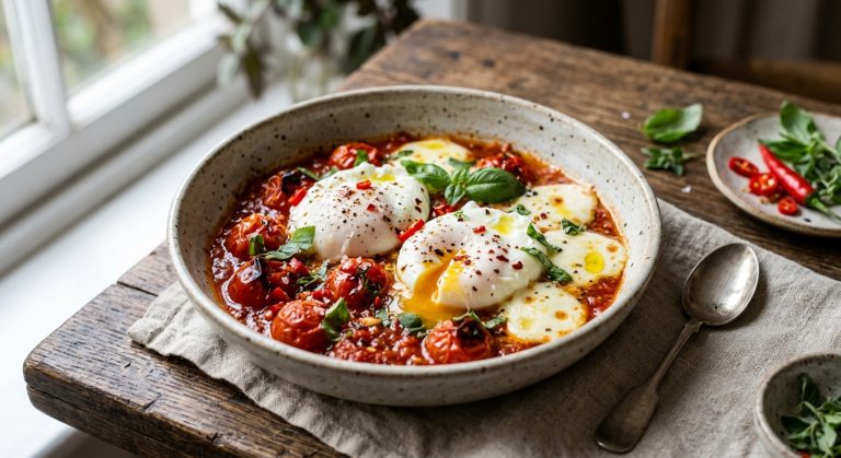 Baked chilli tomatoes with poached eggs and mozzarella