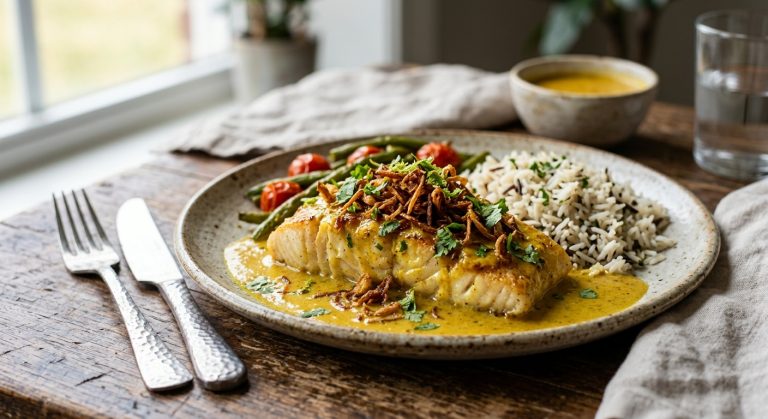 Baked cod with curry sauce and crispy shallots