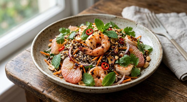 Pomelo prawn and wild rice salad with burnt garlic jaggery dressing