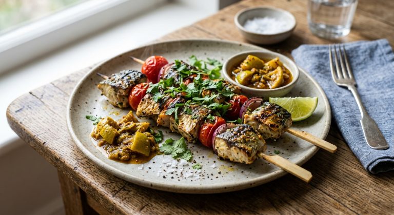 Grilled mackerel skewers with tomato, coriander and lime pickle