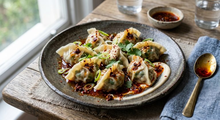 Pork and Chinese chive dumplings with Sichuan chilli oil and black vinegar mayonnaise