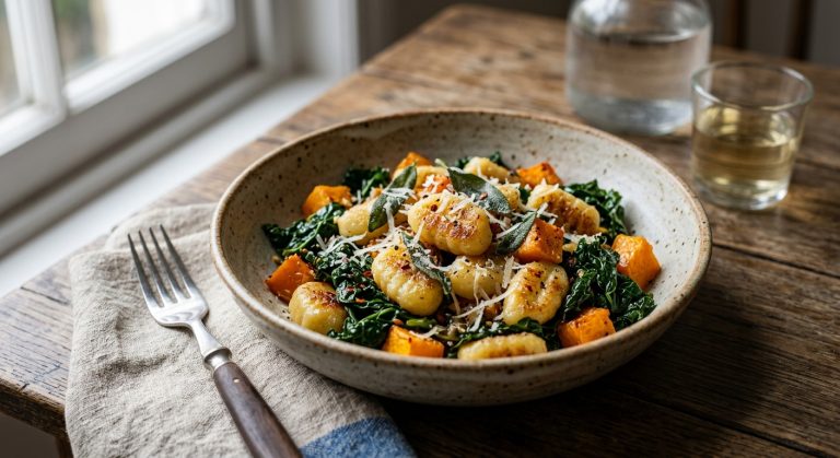 Baked potato gnocchi, cavolo nero and pumpkin