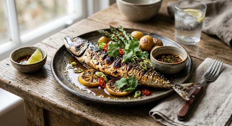 Grilled mackerel with soy lime dressing