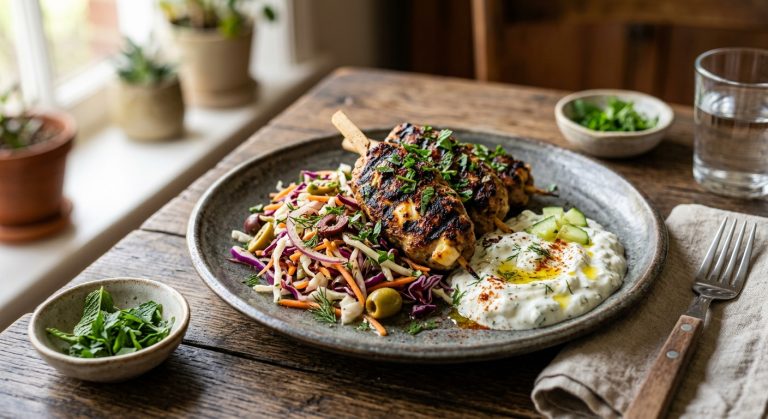 Pork and halloumi koftes with tzatziki and olive slaw