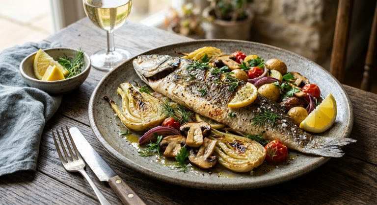 Baked sea bass with fennel and porcini mushroom