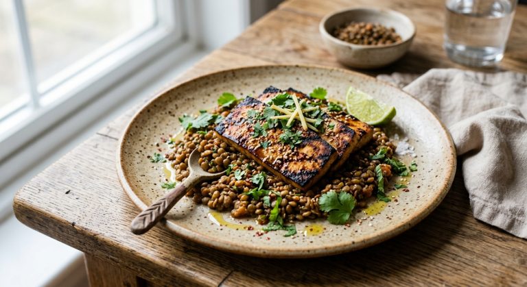 Grilled miso tofu with spiced lentils
