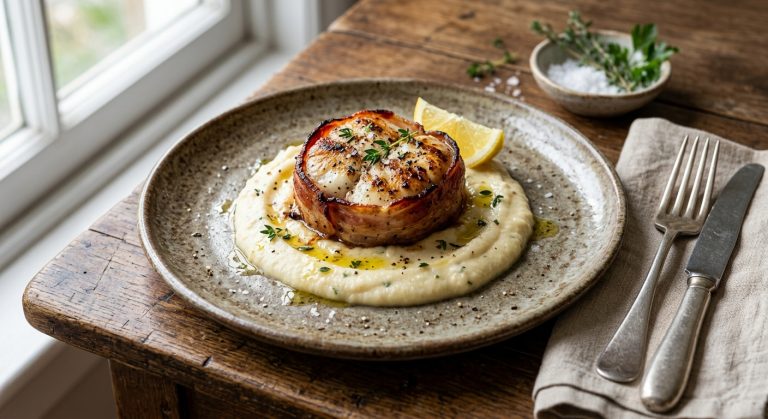 Grilled monkfish wrapped in pancetta with parsnip mash