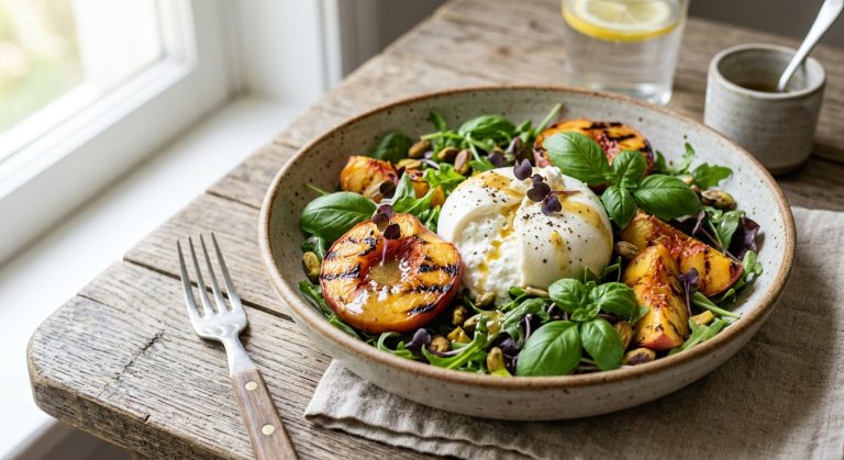 Grilled peach, burrata and basil salad with Dijon dressing
