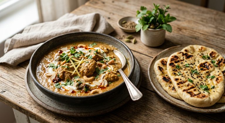 Chicken korma with grilled flatbread